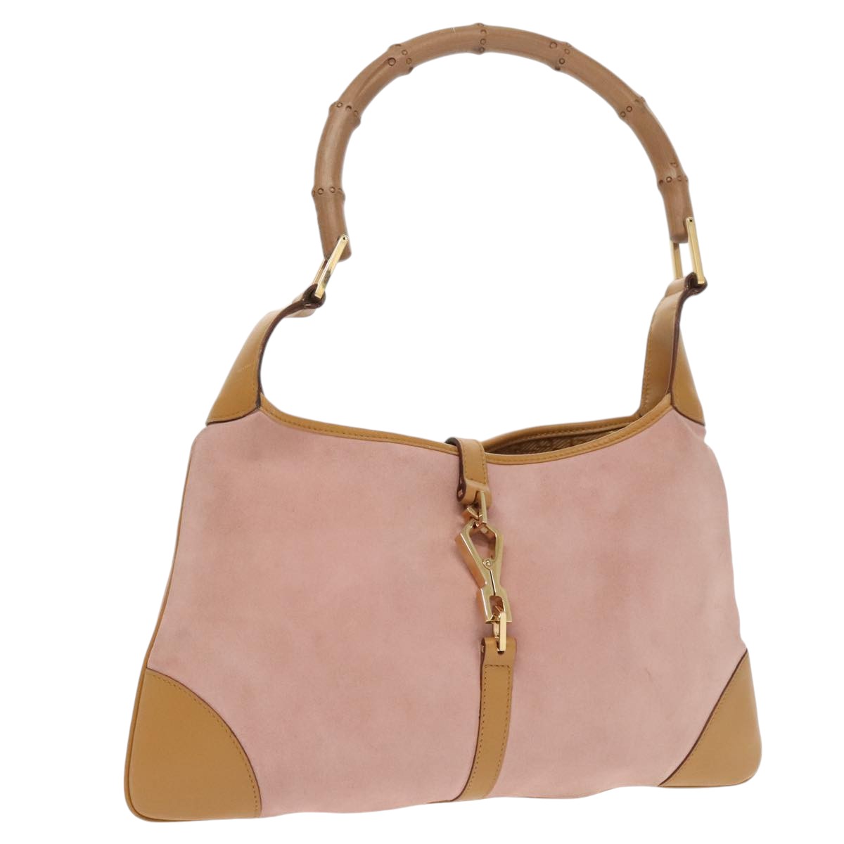 GUCCI Bamboo Hand Bag Suede Leather Gold Pink 001 4060 Auth am7234