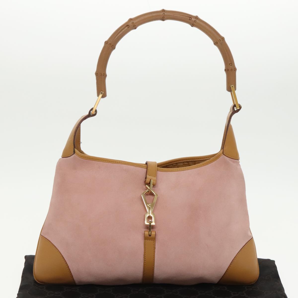 GUCCI Bamboo Hand Bag Suede Leather Gold Pink 001 4060 Auth am7234