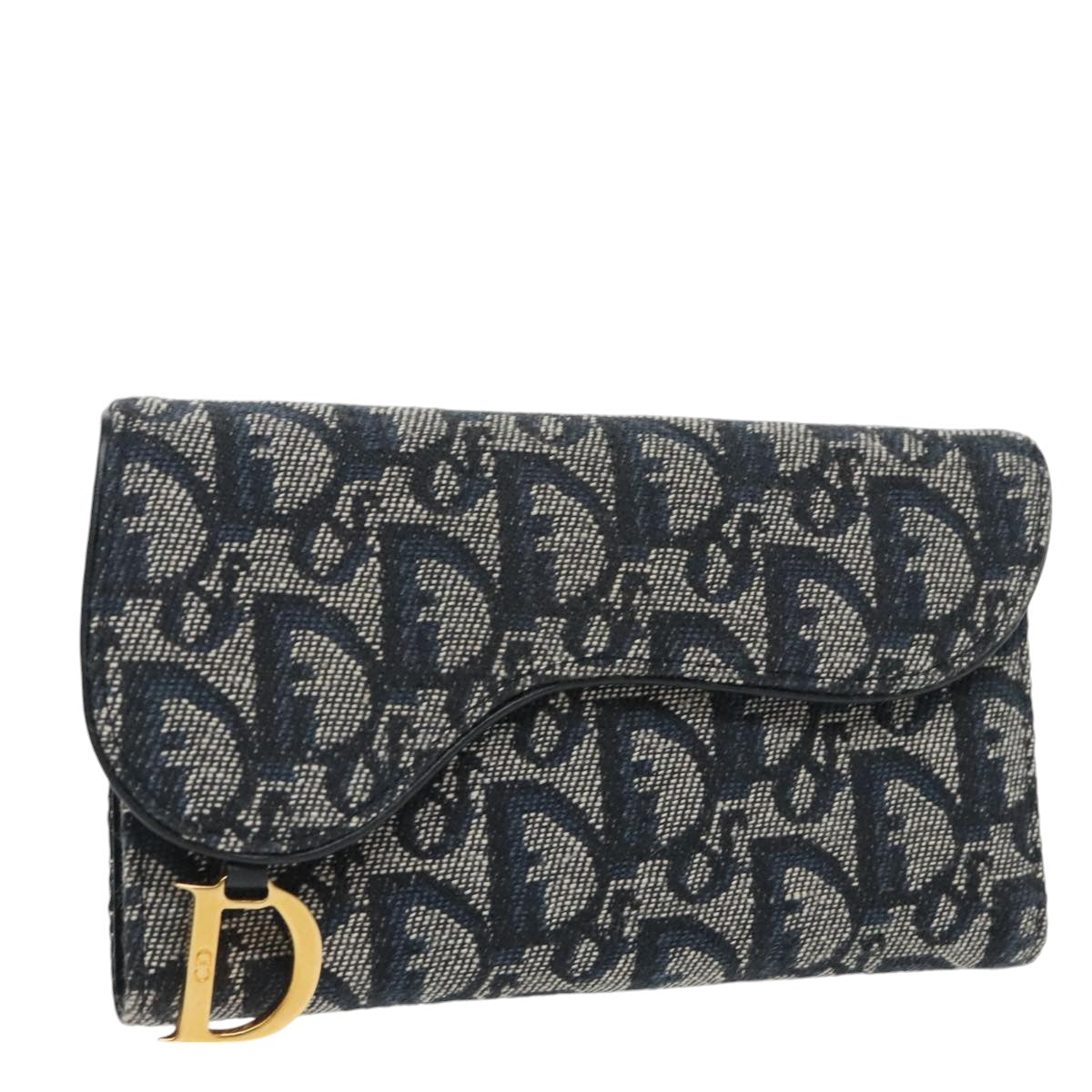 Christian Dior Trotter Canvas Wallet Navy Gold Auth am7239