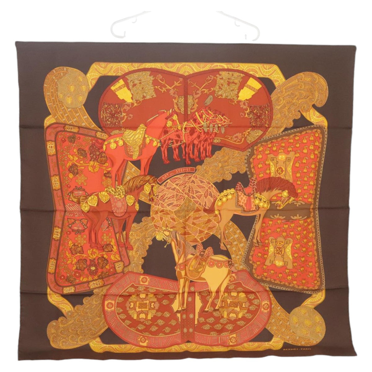 HERMES Carre 90 Scarf ""ART des STEPPES"" Silk Brown Auth am7240