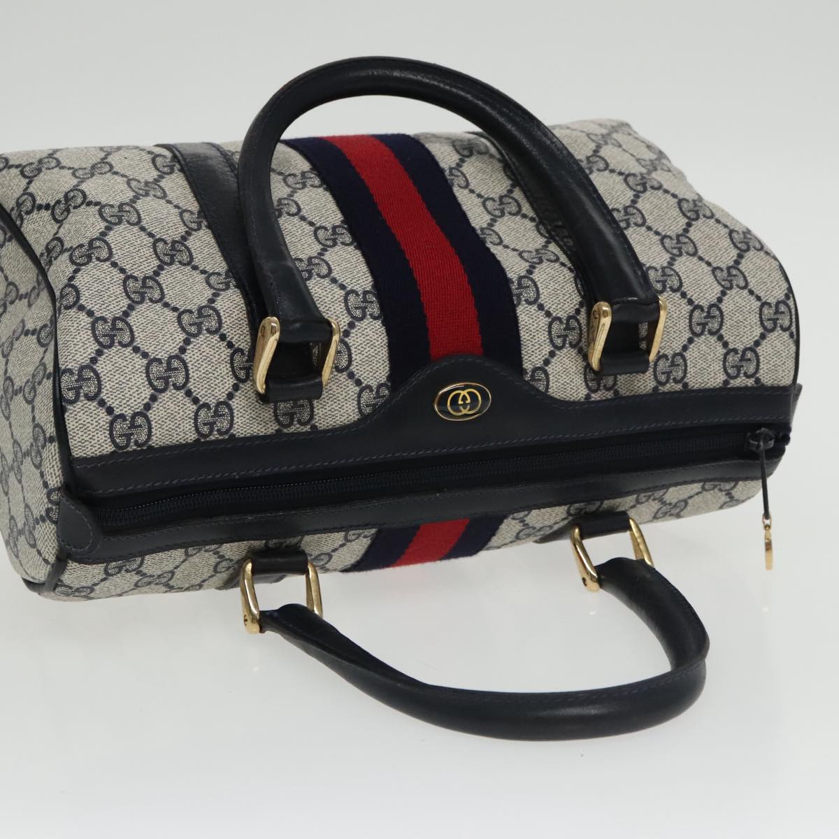 GUCCI GG Supreme Sherry Line Hand Bag PVC Navy Gold 012 3841 58 Auth am7268