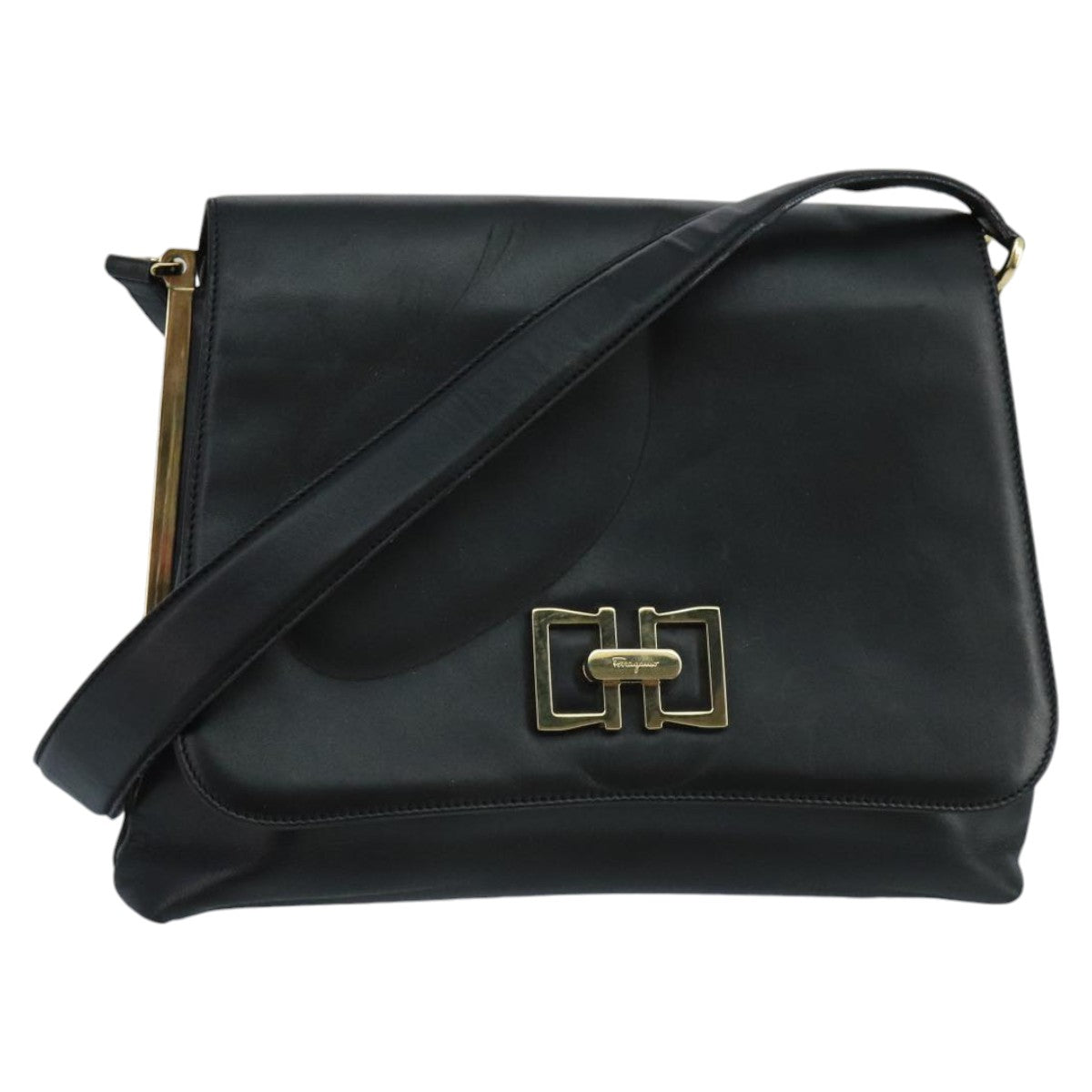 Salvatore Ferragamo Shoulder Bag Leather Black Gold Auth am7272