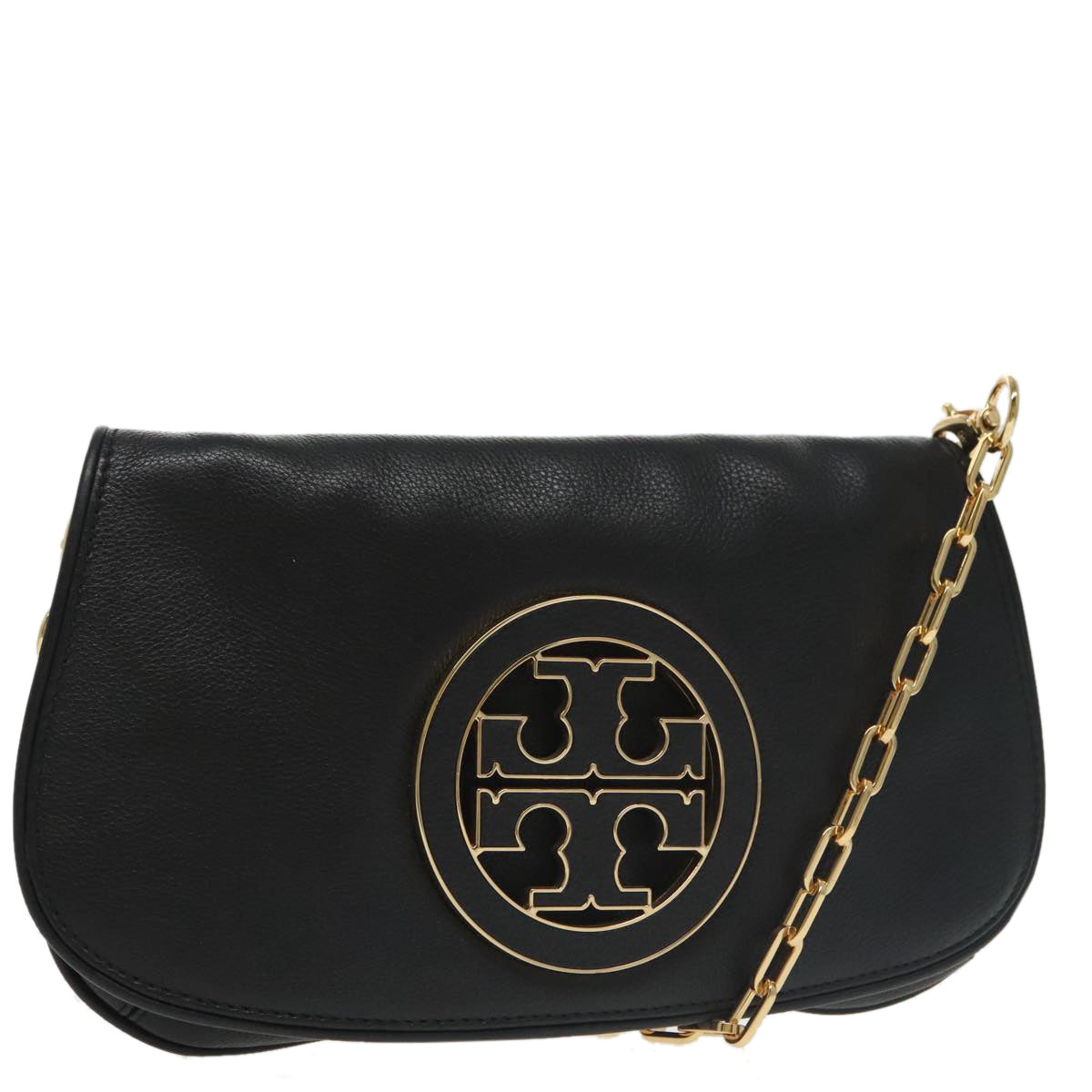 TORY BURCH Shoulder Bag Leather Black Gold Auth am7283