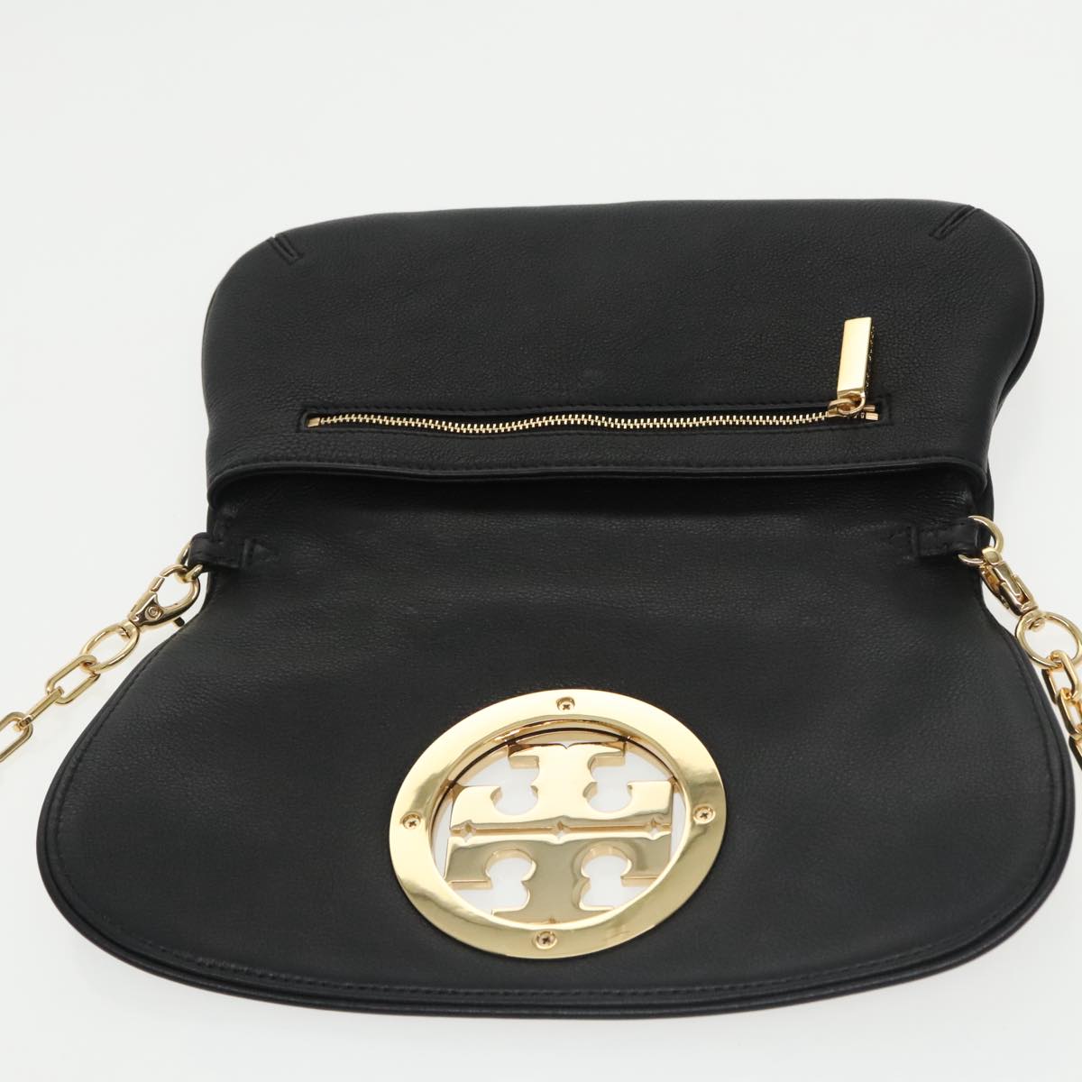 TORY BURCH Shoulder Bag Leather Black Gold Auth am7283