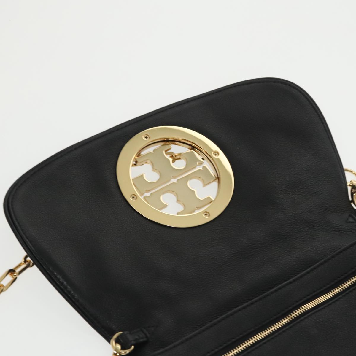 TORY BURCH Shoulder Bag Leather Black Gold Auth am7283