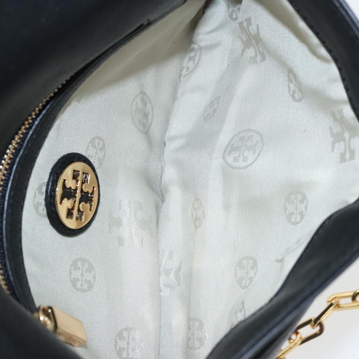 TORY BURCH Shoulder Bag Leather Black Gold Auth am7283