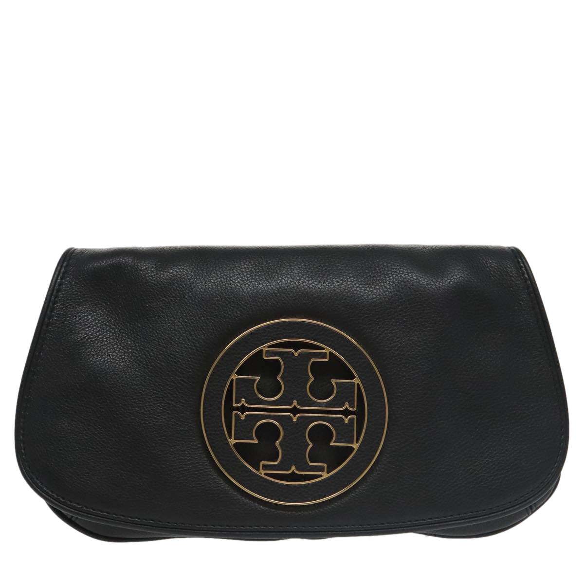 TORY BURCH Shoulder Bag Leather Black Gold Auth am7283