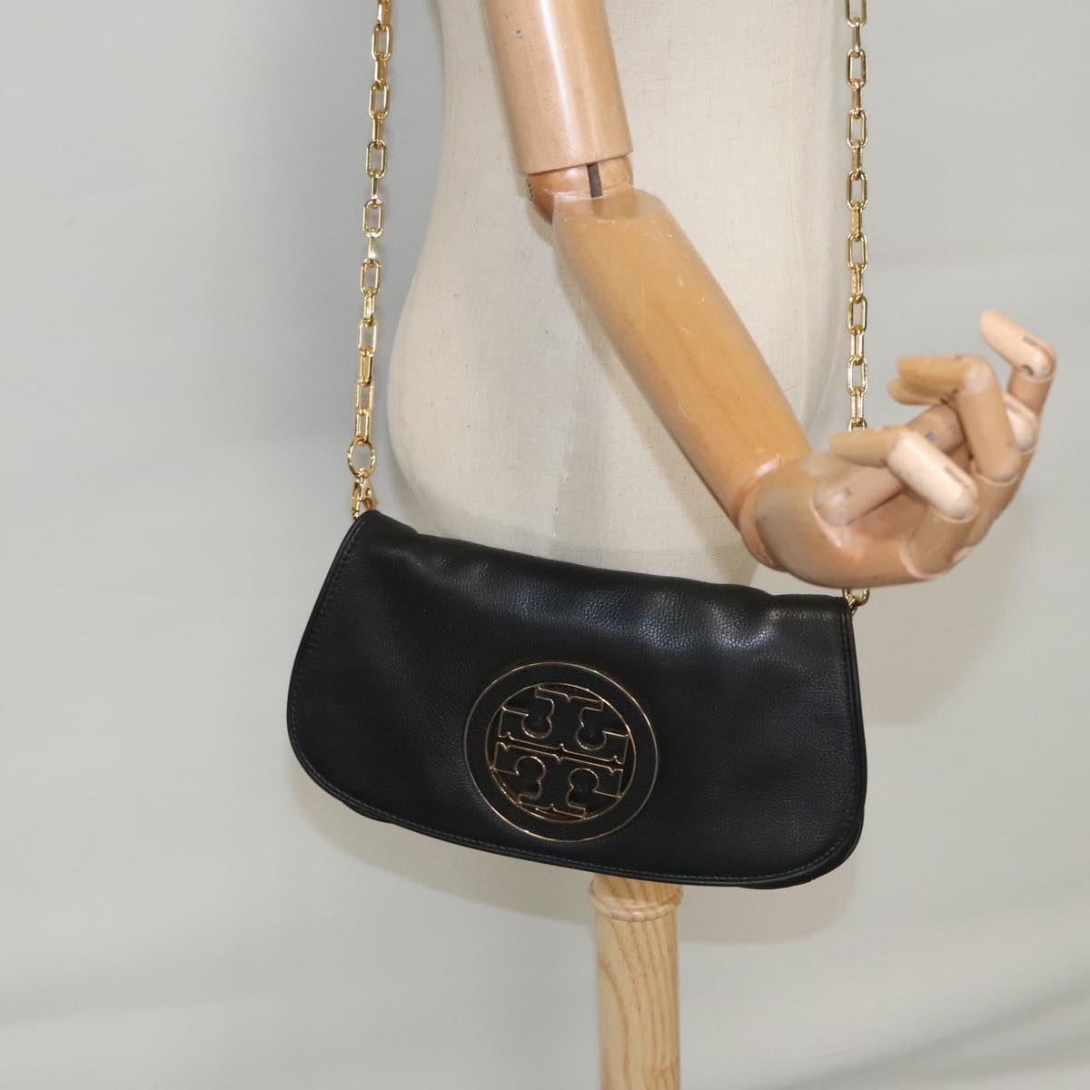 TORY BURCH Shoulder Bag Leather Black Gold Auth am7283