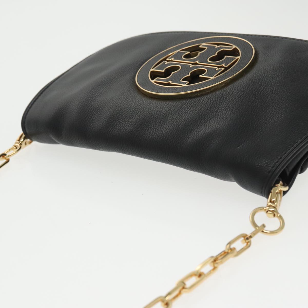 TORY BURCH Shoulder Bag Leather Black Gold Auth am7283