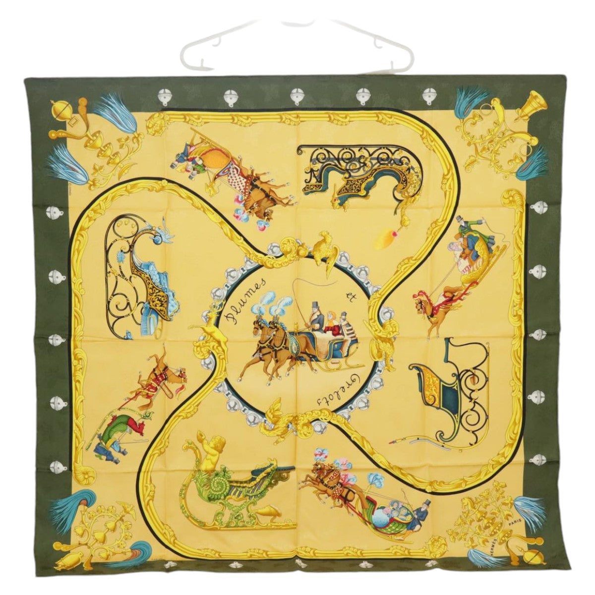 HERMES Carre 90 Scarf ""Plumes et Grelots"" Silk Green Yellow Auth am7285