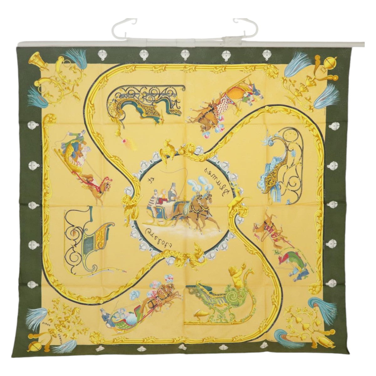 HERMES Carre 90 Scarf ""Plumes et Grelots"" Silk Green Yellow Auth am7285