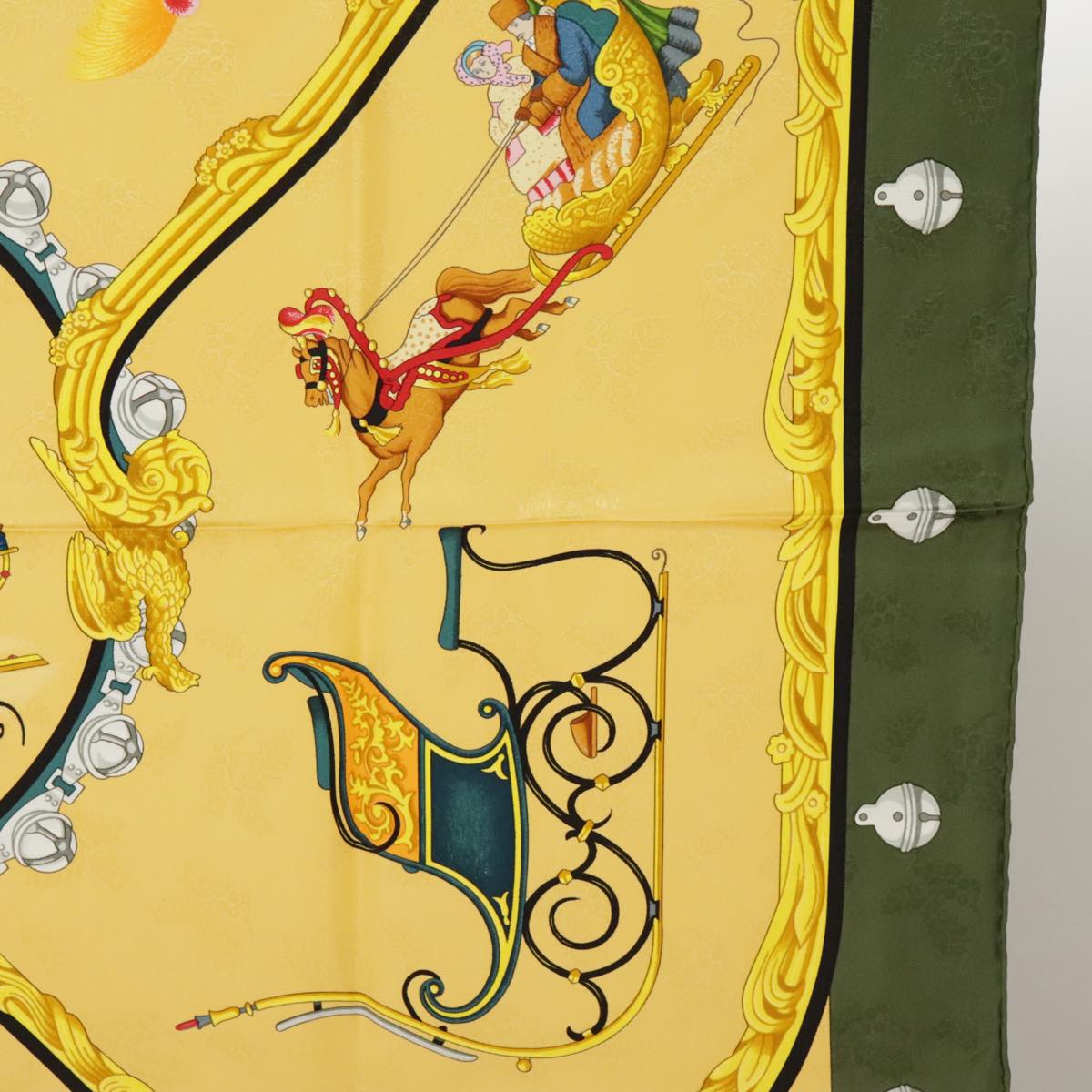 HERMES Carre 90 Scarf ""Plumes et Grelots"" Silk Green Yellow Auth am7285