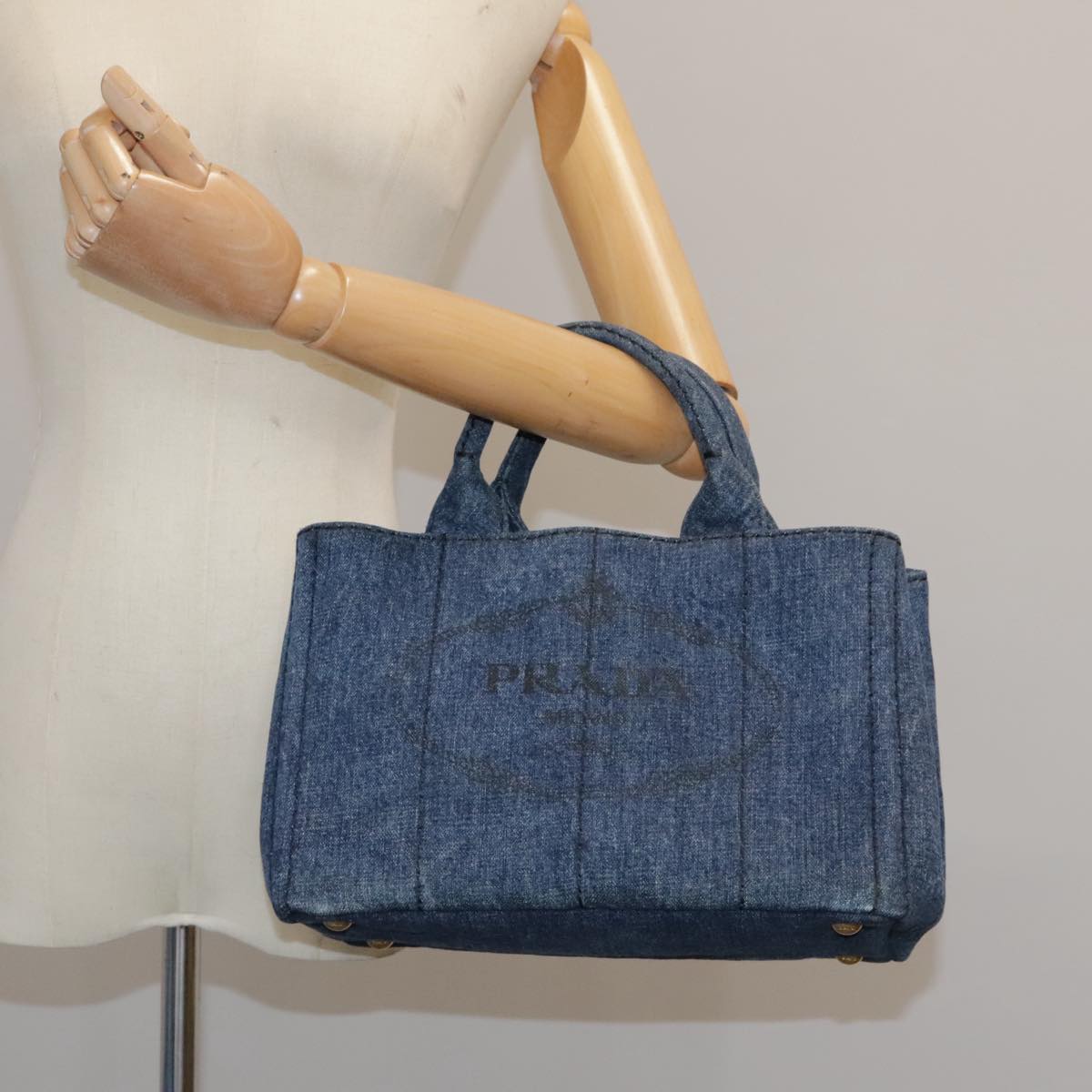 PRADA Canapa PM Hand Bag Denim Blue Gold Auth am7316V