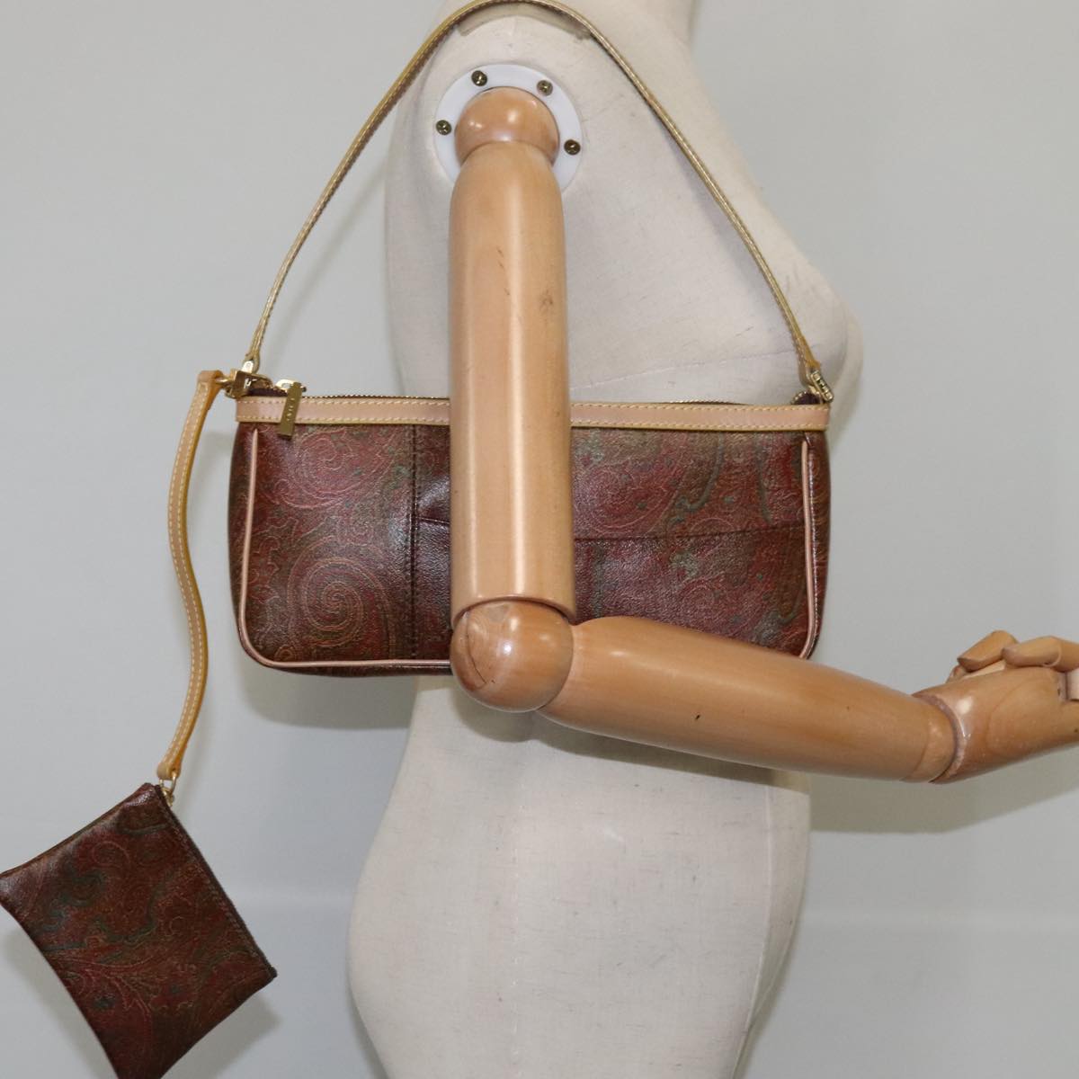 ETRO Paisley Shoulder Bag PVC Leather Brown Gold Auth am7332