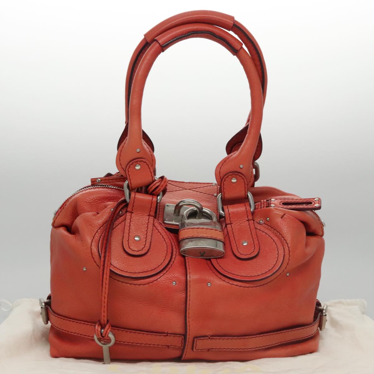 Chloe Paddington Hand Bag Leather Red Gold Silver Auth am7388