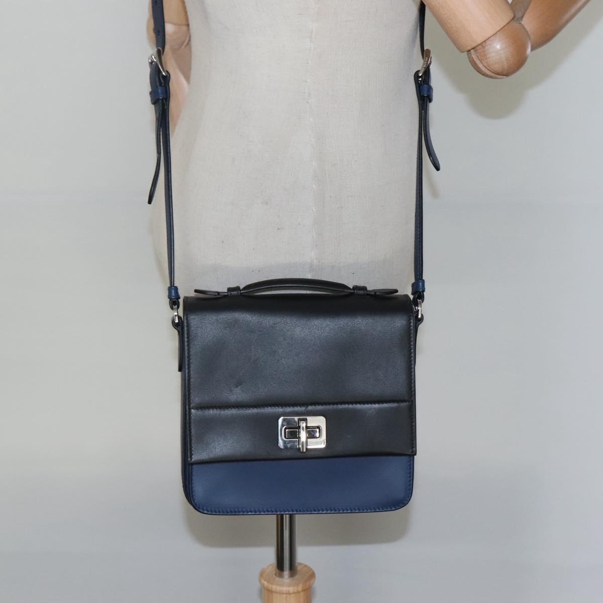 PRADA Shoulder Bag Leather Black Blue Auth am7706