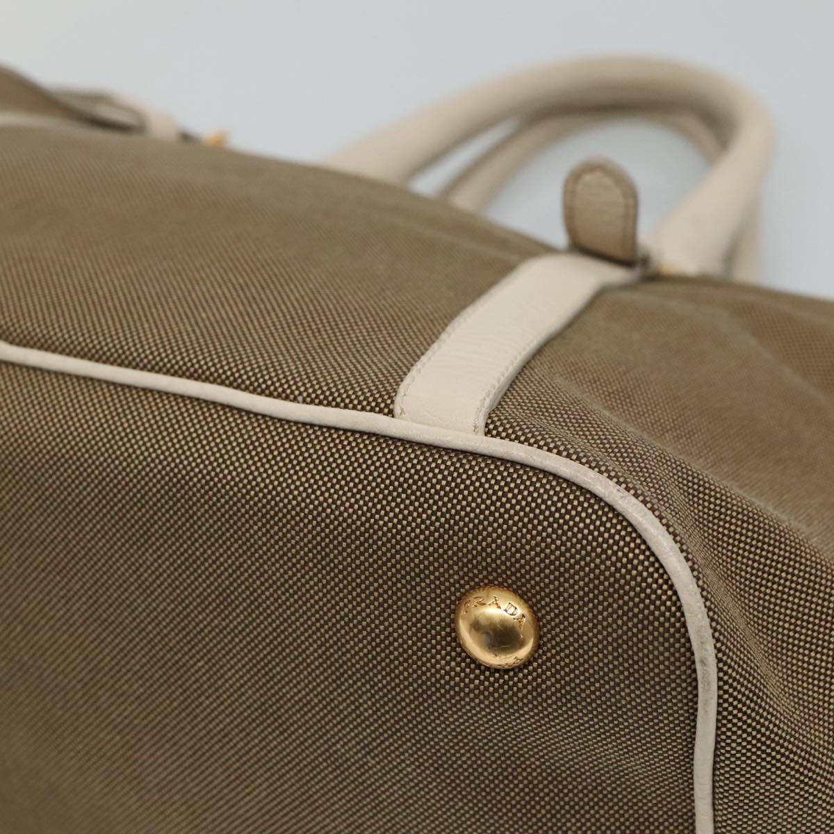 PRADA Hand Bag Canvas Leather Beige White gold Auth am7707