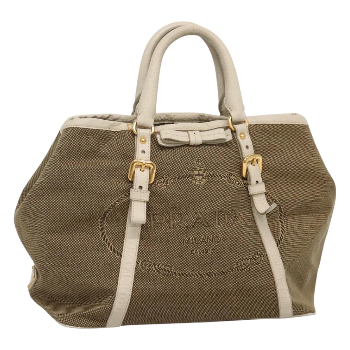 PRADA Hand Bag Canvas Leather Beige White gold Auth am7707