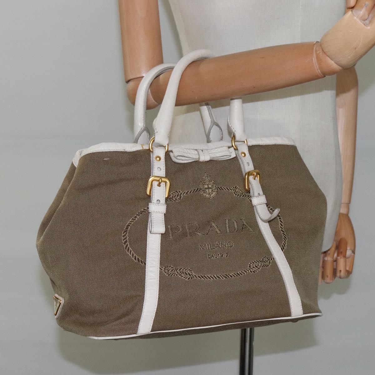 PRADA Hand Bag Canvas Leather Beige White gold Auth am7707