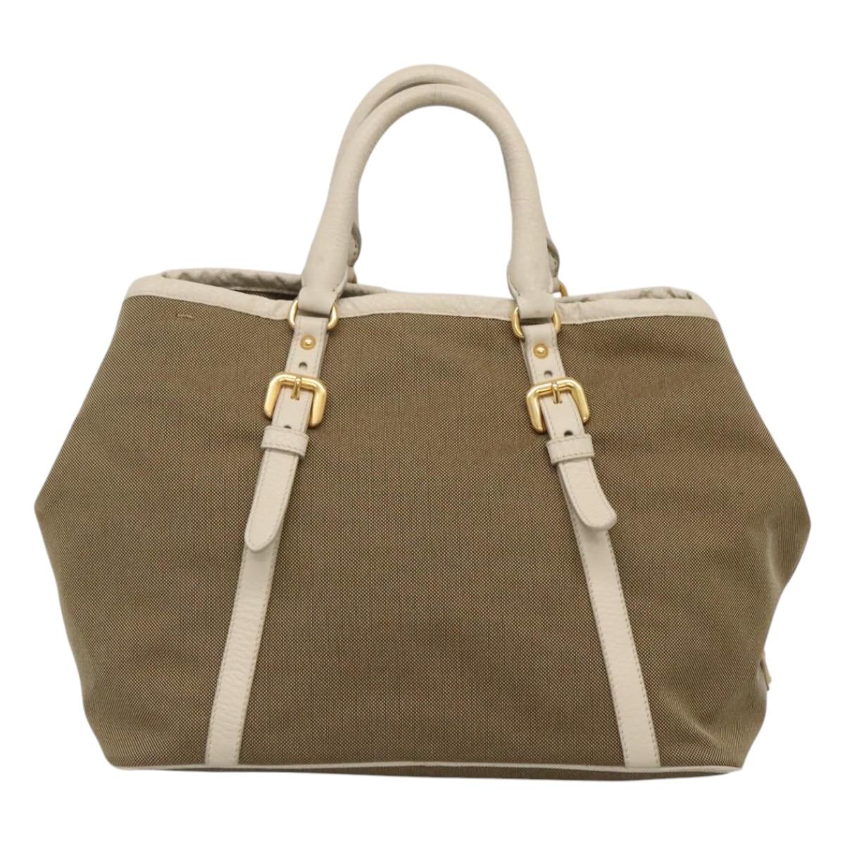 PRADA Hand Bag Canvas Leather Beige White gold Auth am7707