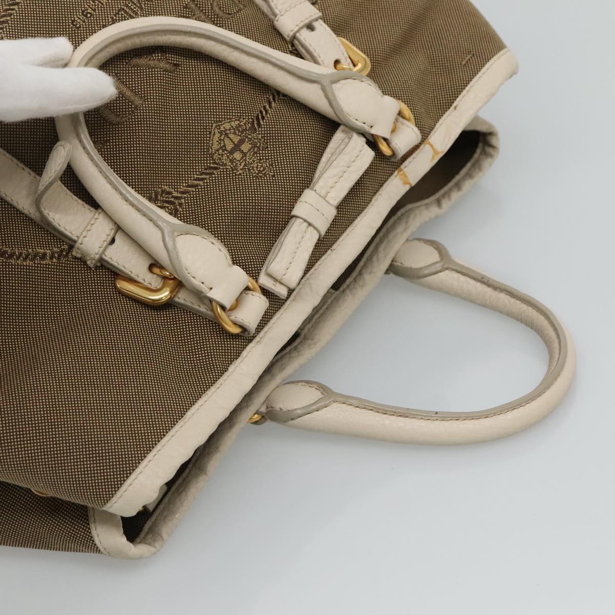 PRADA Hand Bag Canvas Leather Beige White gold Auth am7707