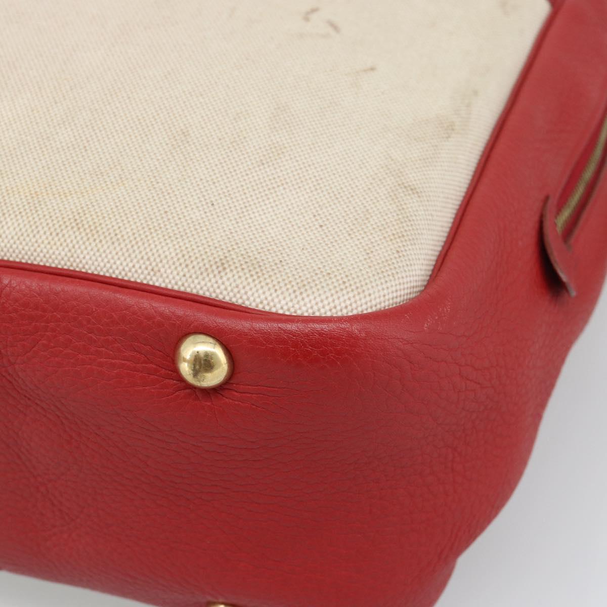 HERMES Victoria Square Hand Bag Coated Canvas Leather Beige Red gold Auth am7833