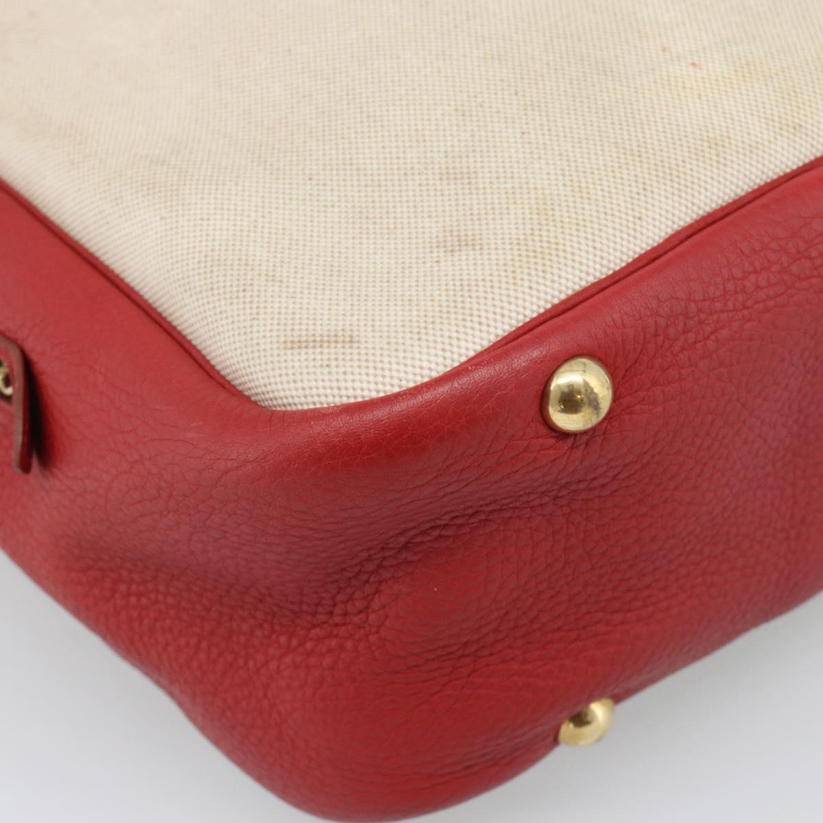 HERMES Victoria Square Hand Bag Coated Canvas Leather Beige Red gold Auth am7833