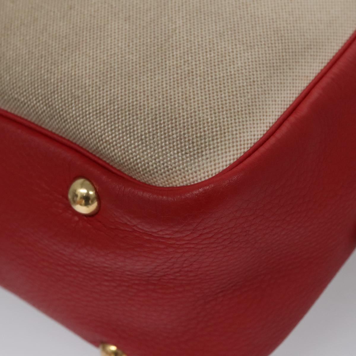 HERMES Victoria Square Hand Bag Coated Canvas Leather Beige Red gold Auth am7833