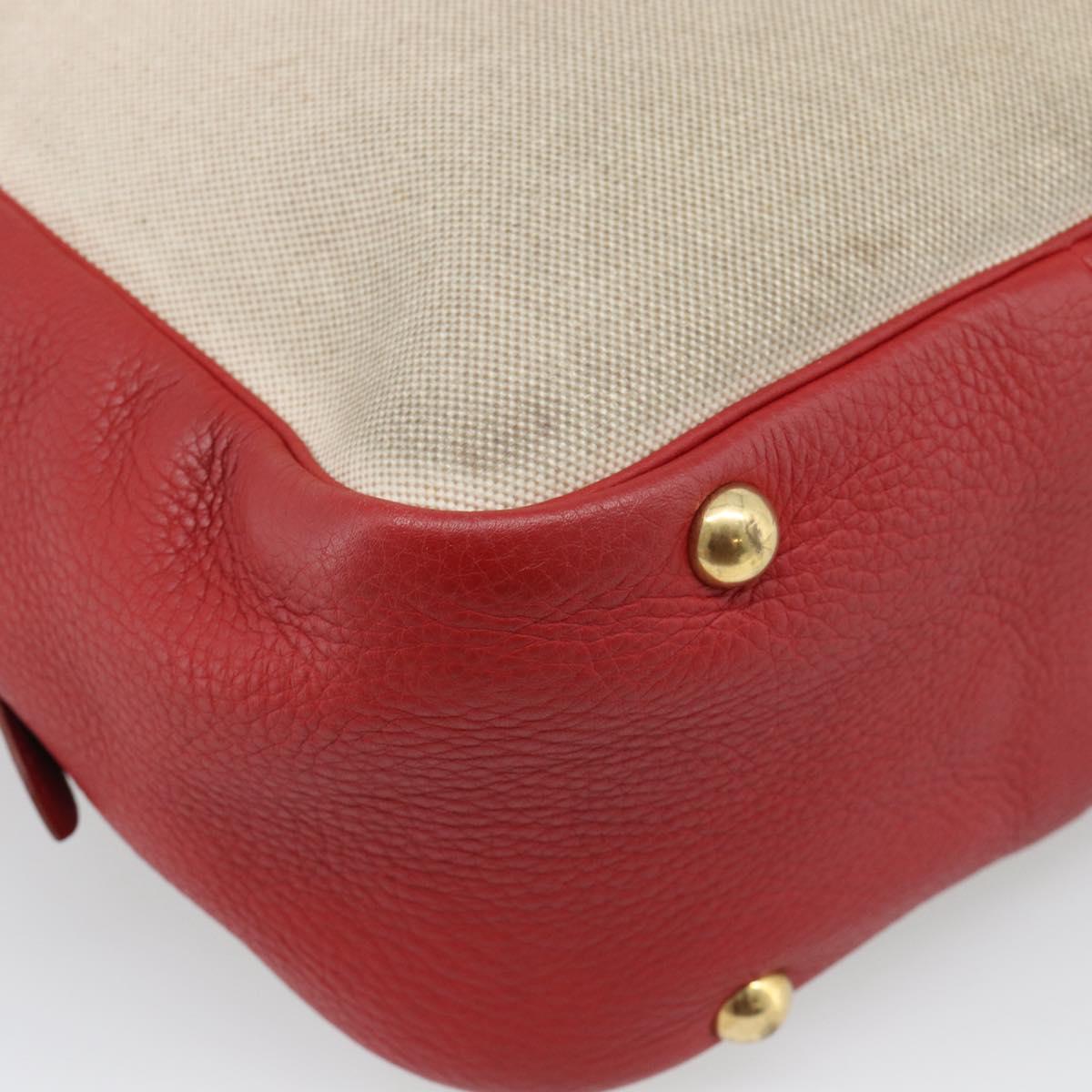 HERMES Victoria Square Hand Bag Coated Canvas Leather Beige Red gold Auth am7833