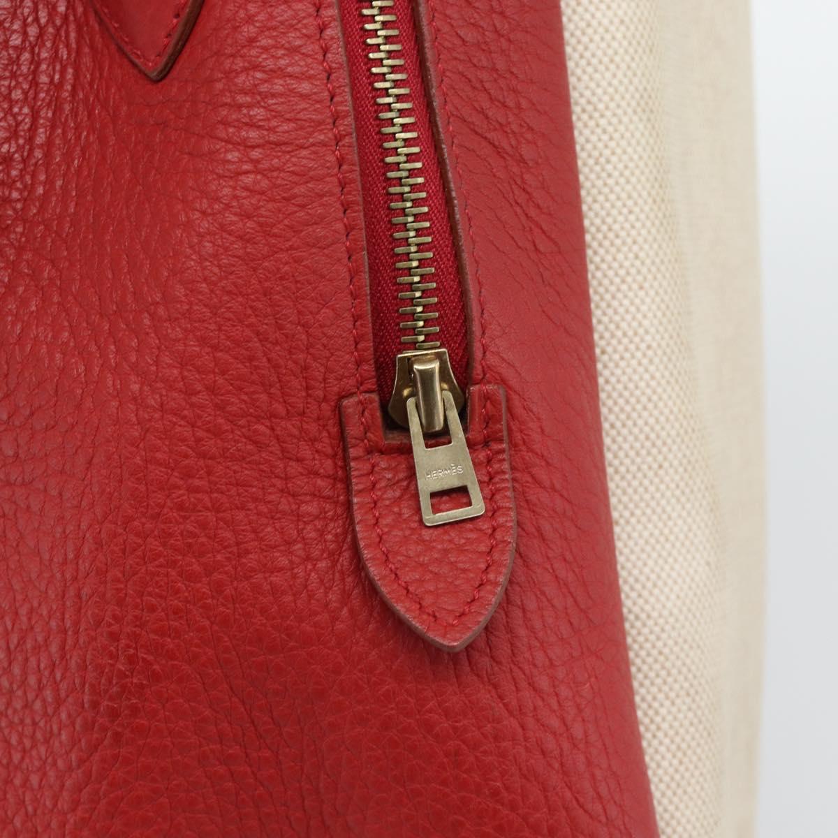 HERMES Victoria Square Hand Bag Coated Canvas Leather Beige Red gold Auth am7833