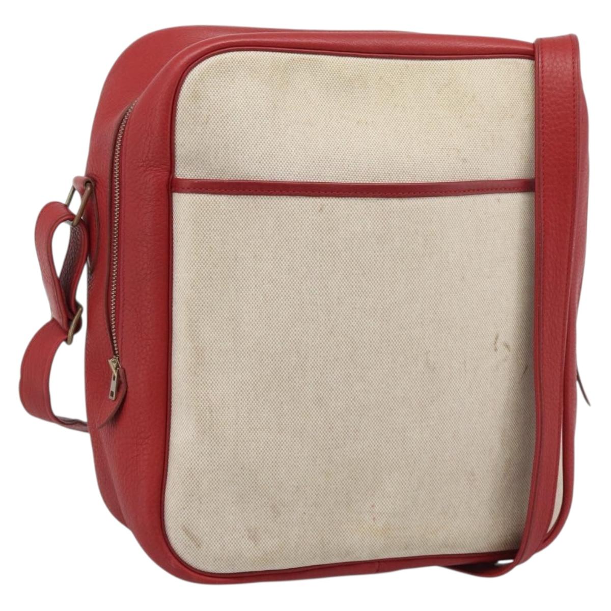 HERMES Victoria Square Hand Bag Coated Canvas Leather Beige Red gold Auth am7833