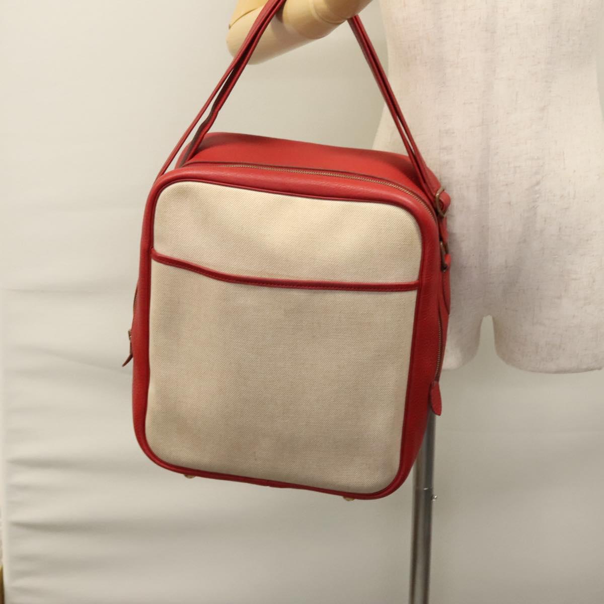 HERMES Victoria Square Hand Bag Coated Canvas Leather Beige Red gold Auth am7833
