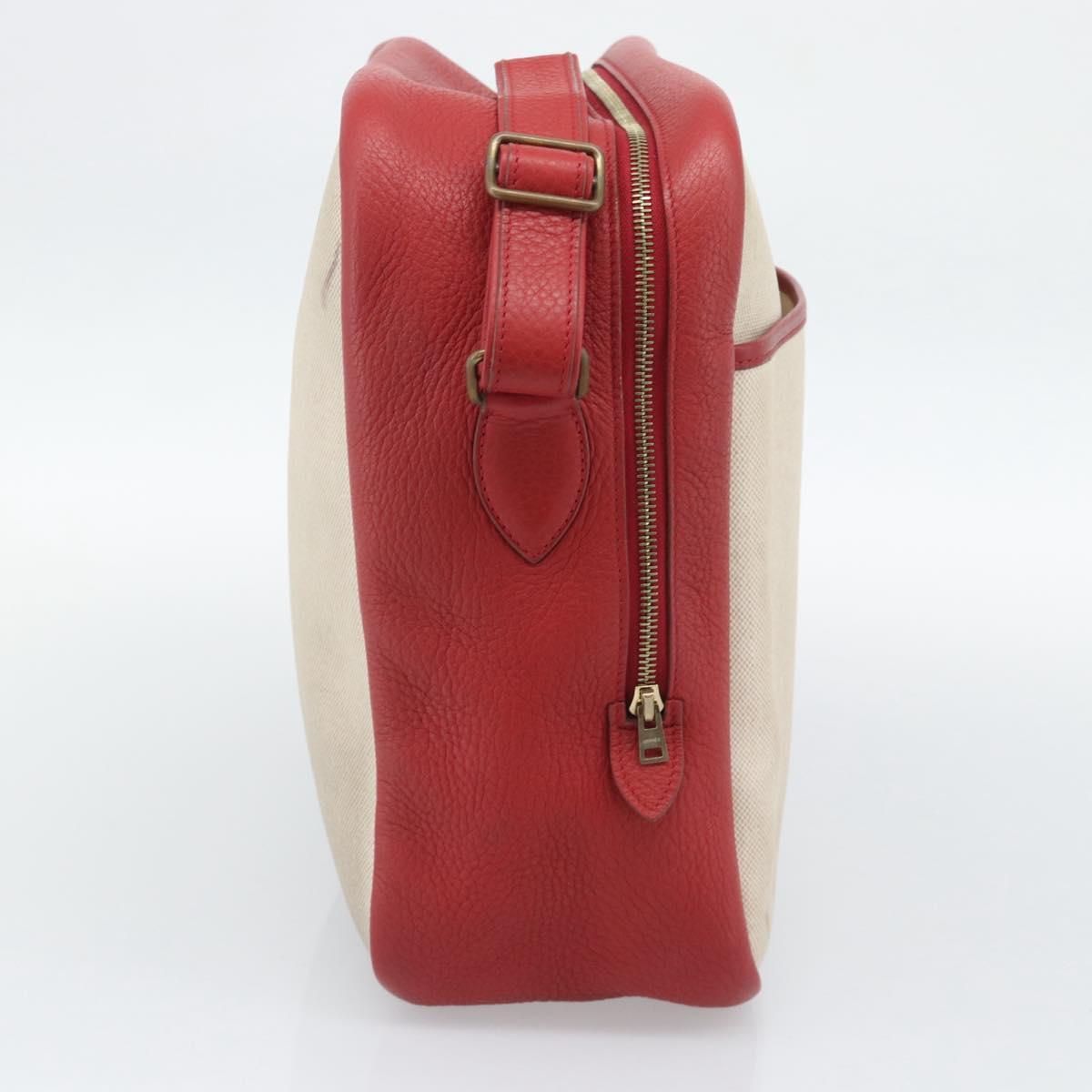 HERMES Victoria Square Hand Bag Coated Canvas Leather Beige Red gold Auth am7833
