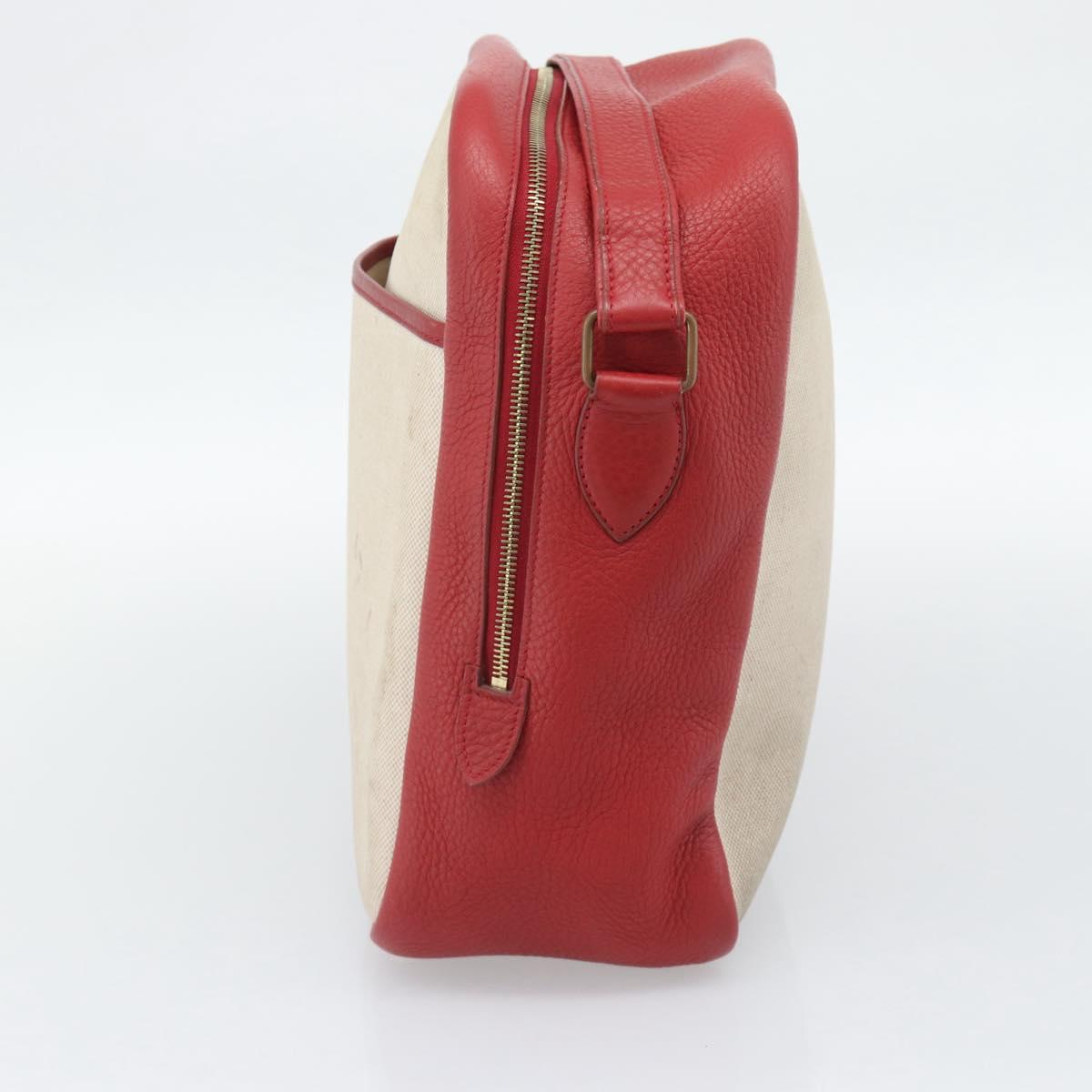 HERMES Victoria Square Hand Bag Coated Canvas Leather Beige Red gold Auth am7833