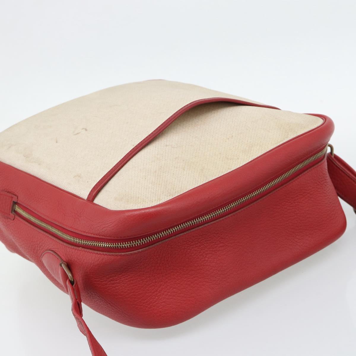 HERMES Victoria Square Hand Bag Coated Canvas Leather Beige Red gold Auth am7833