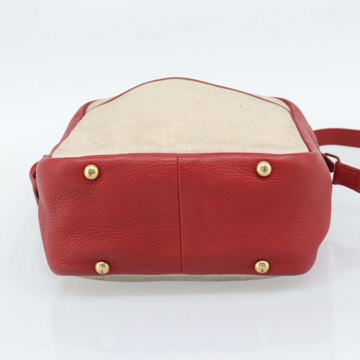 HERMES Victoria Square Hand Bag Coated Canvas Leather Beige Red gold Auth am7833