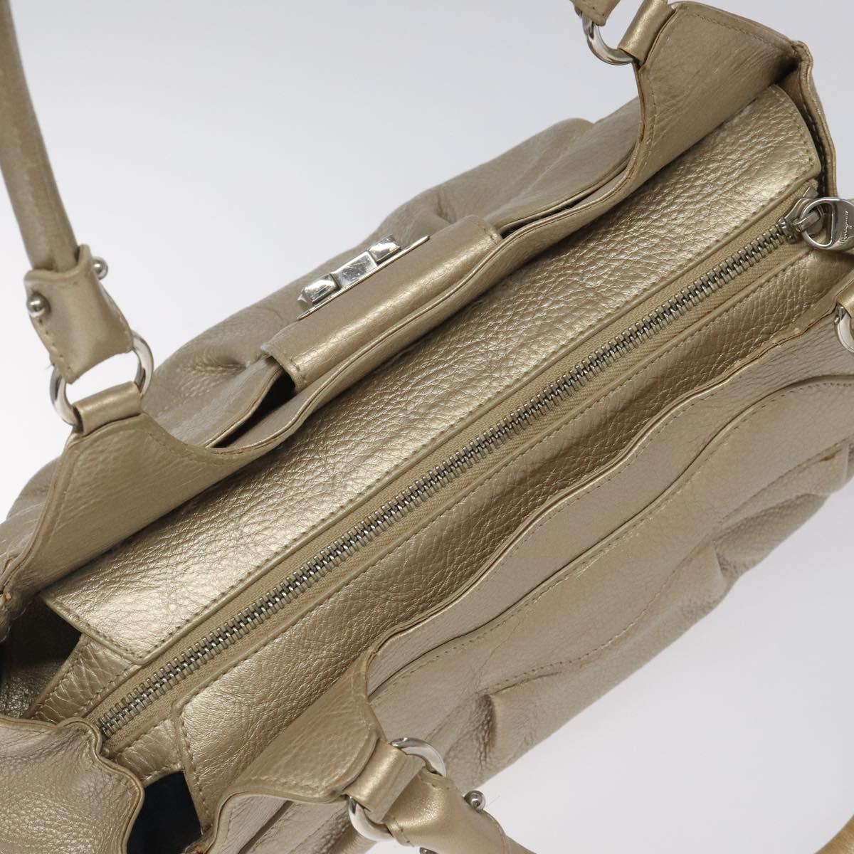 Salvatore Ferragamo Gancini Hand Bag Leather Gold Auth am7952