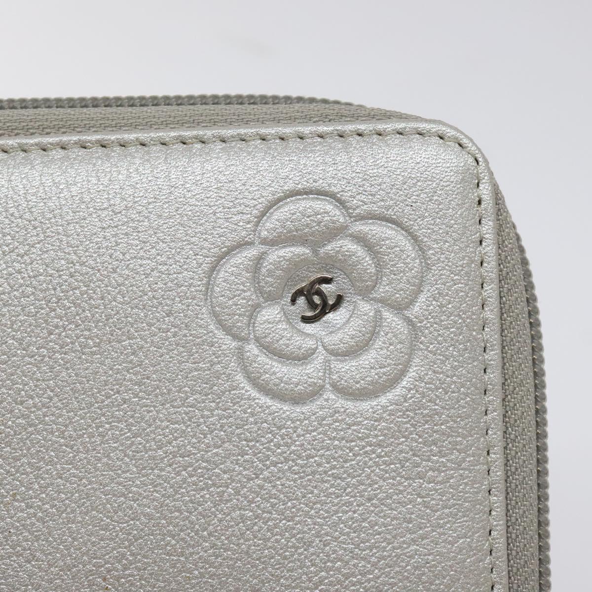 CHANEL Camelia Long Wallet Leather Silver CC Auth am7960