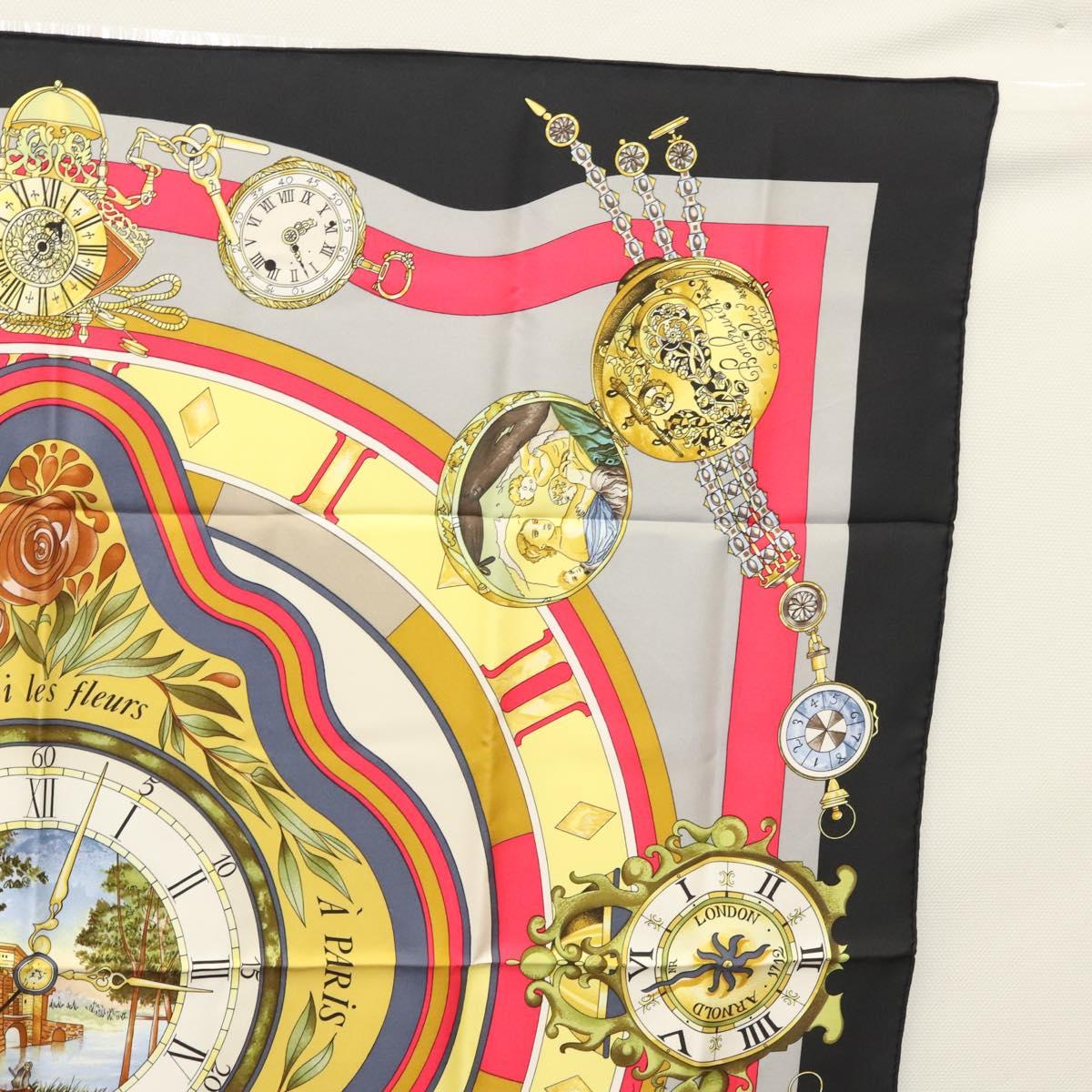 HERMES Carre 90 ""Parmi les fleurs je compte les heures"" Black Auth am8152