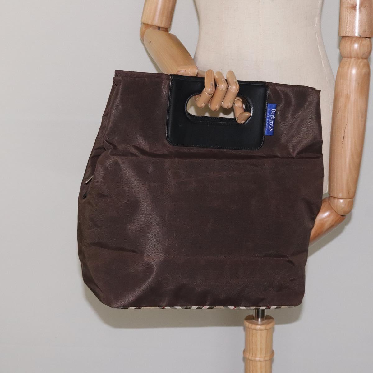 Burberrys Blue Label Hand Bag Nylon Brown Silver Auth am8193