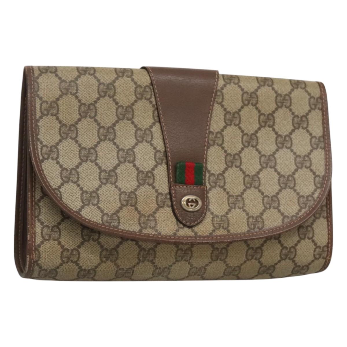 GUCCI GG Supreme Web Sherry Line Bag PVC Beige Gold 156 01 030 Auth am8209