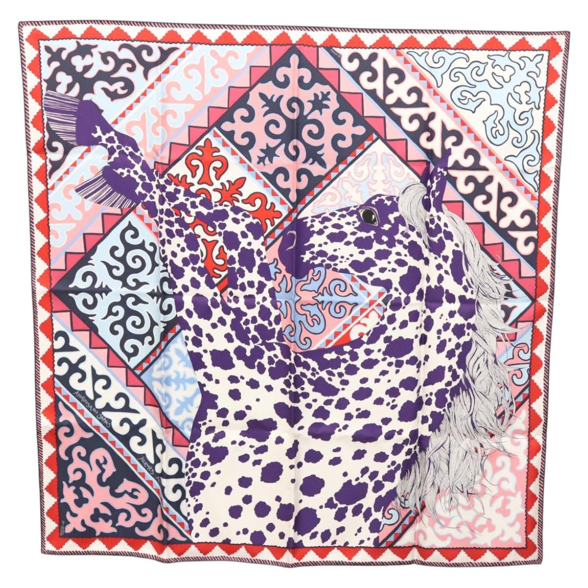 HERMES Carre 90 Scarf ""Appaloosa des Steppes"" Silk Purple Auth am8221