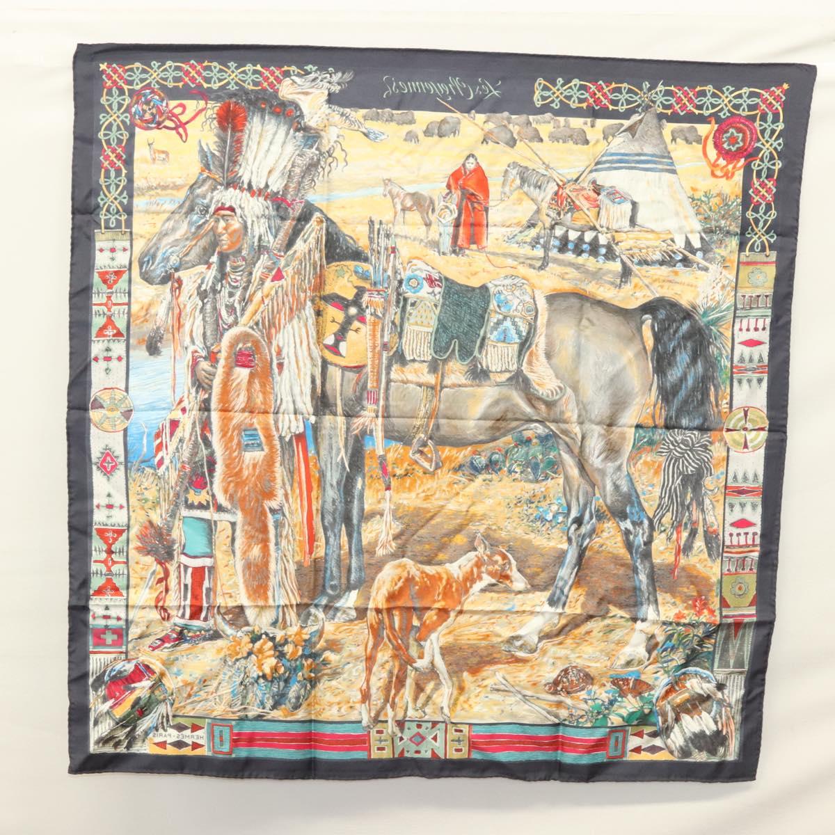HERMES Carre 90 Scarf ""Les Cheyennes"" Silk Brown Auth am8278