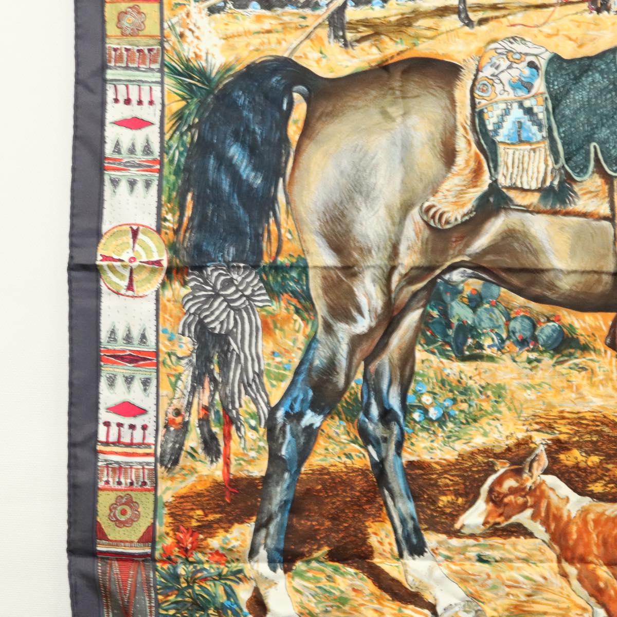 HERMES Carre 90 Scarf ""Les Cheyennes"" Silk Brown Auth am8278