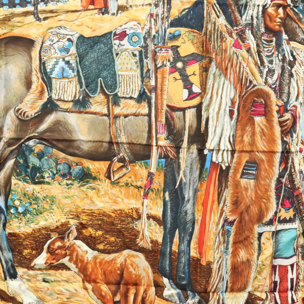 HERMES Carre 90 Scarf ""Les Cheyennes"" Silk Brown Auth am8278