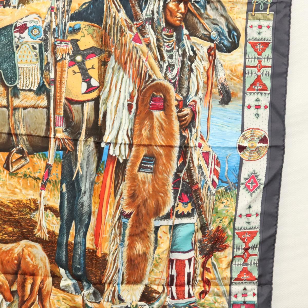 HERMES Carre 90 Scarf ""Les Cheyennes"" Silk Brown Auth am8278