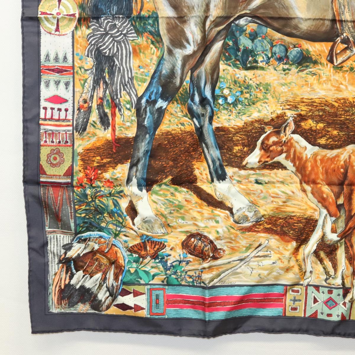 HERMES Carre 90 Scarf ""Les Cheyennes"" Silk Brown Auth am8278