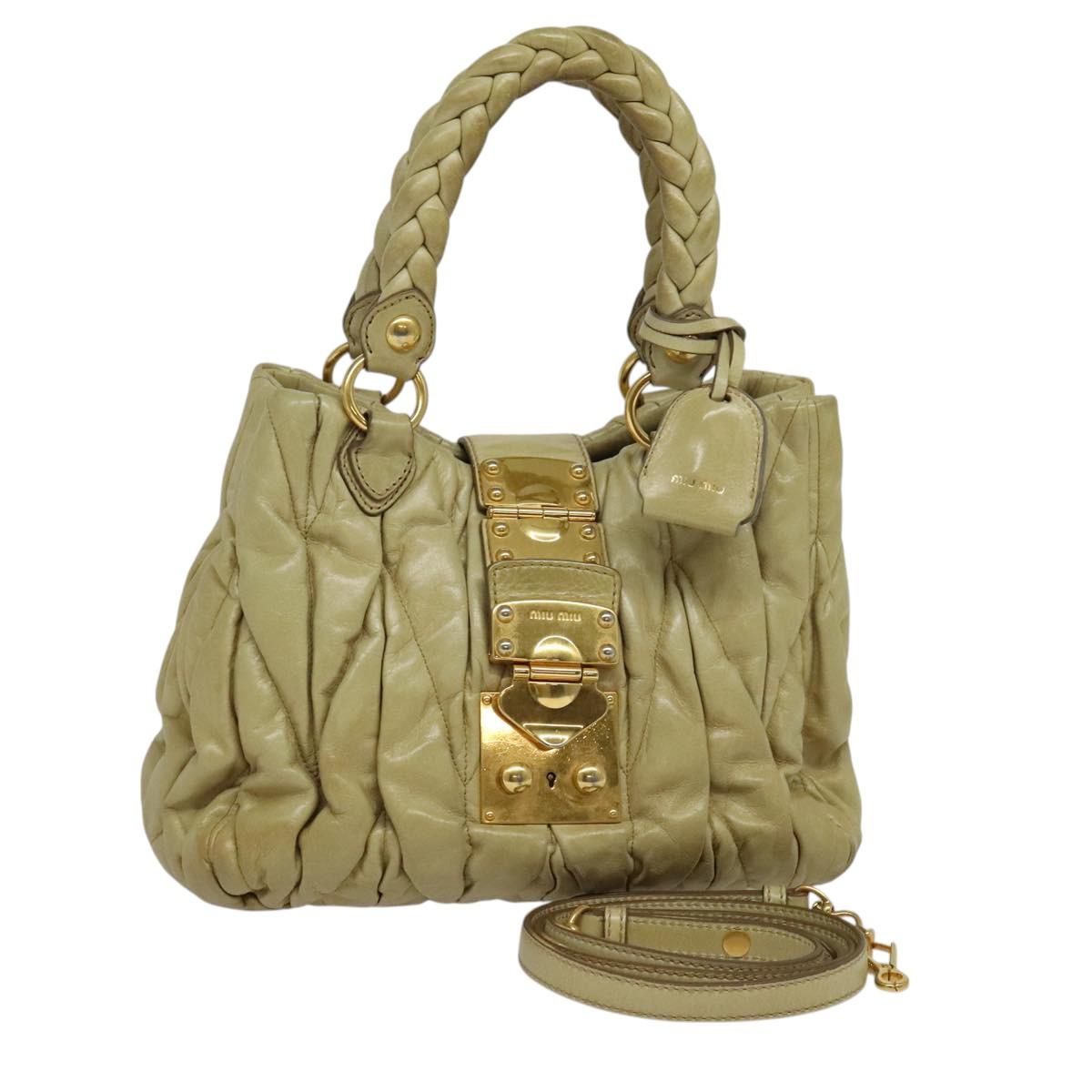 Miu Miu Matelasse Hand Bag Leather 2way Beige Gold Auth am8291