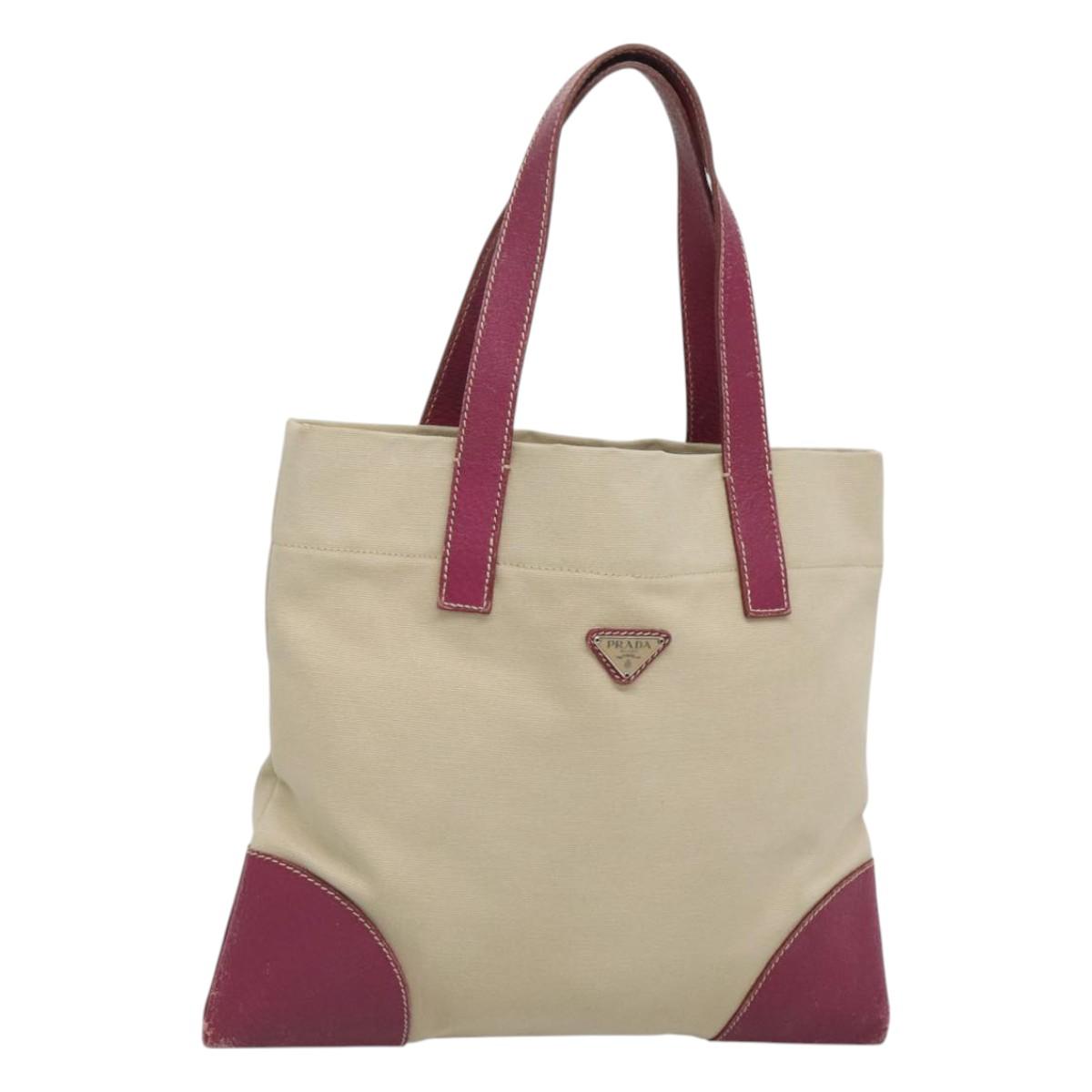 PRADA Hand Bag Canvas Leather Beige Purple Silver Auth am8322