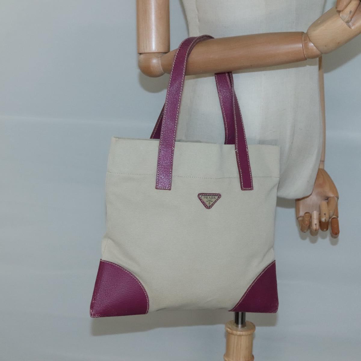 PRADA Hand Bag Canvas Leather Beige Purple Silver Auth am8322